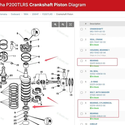 Crankshaft & Power Head Rebuild Kit STD For Yamaha P200HP P200TLR Outboard Bearing 6R5 Piston