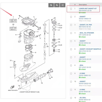Lower Unit Gasket Kit 6EK-W0001-20 For Yamaha 2T 75-90-115-130HP Outboard Engine 6EK-W0001-20-00