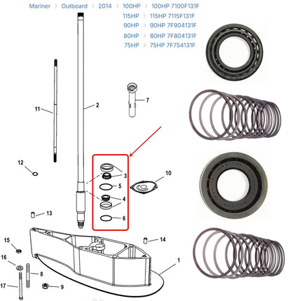 Driveshaft Bearing Set and Shim Set for Mercury 75-115HP Outboard Engine 33138A1 77420A1 8M0063268 8M0063267 OEM New Parts