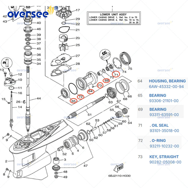 6AW-45332-00-94 Bearing Housing Assy for YAMAHA Outboard 300-350HP 4 Stroke Engine With Bearings and Seals