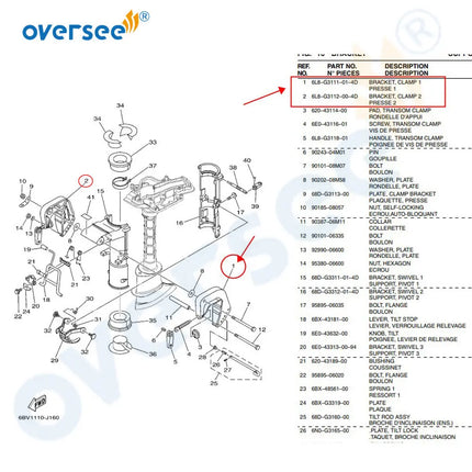 6L8-G3111-01-4D, 6L8-G3112-00-4D Clamp Bracket Kit for Yamaha 4HP 5HP 6HP Outboard Engine F4 F5 F6 Model 6E0-43111, 6E0-43112