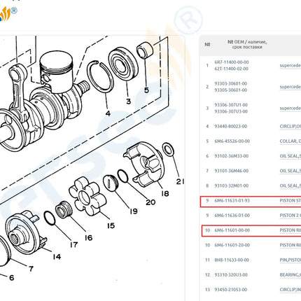 6M6 STD Piston Set For Yamaha 650cc SJ650 WR650 2 Cylinder Outboard Engine 6M6-11631-00-95 6M6-11631-01-93 6M6-11601-00 77mm