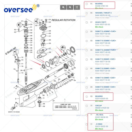 Bearing Housing Repair Kit for YAMAHA Outboard 300-350HP 4 Stroke Engine 6AW-45332-00-94